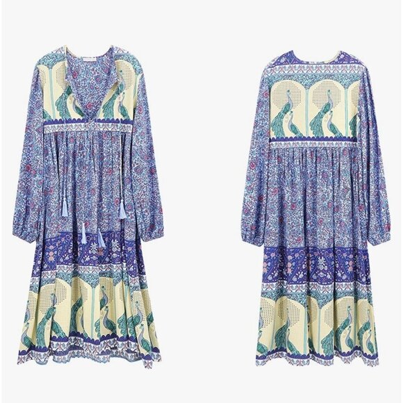 R. Vivimos Long Sleeve Bohemian Peacock Printed V-Neck Midi Dress Tassel Tie - Picture 2 of 9